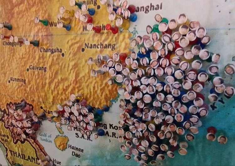 Genius english（ジーニアスイングリッシュ）に訪れた留学生の出身地MAP。顔写真付きのポイントがユニーク☆